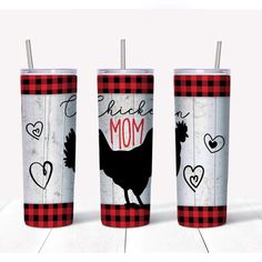 two tumblers with the words chicken mom and a rooster on them are sitting next to each other