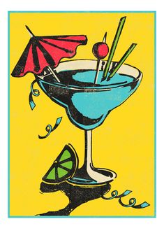 an illustration of a cocktail with umbrellas and lime slices on the rim in front of a yellow background