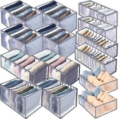 several drawers with clothes and shoes in them, each containing different types of socks or slippers