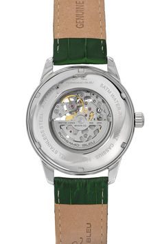 Cassius men's 45 mm automatic skeleton watch with stainless steel case and genuine leather band Leather Chronograph Watch With Skeleton Dial, Formal Leather Chronograph Watch With Skeleton Dial, Elegant Green Chronograph Watch For Formal Occasions, Elegant Green Chronograph Watch For Formal Events, Green Watches With Skeleton Dial, Green Skeleton Dial Watch, Green Automatic Chronograph Watch For Business, Leather Strap Watch, Skeleton Watch