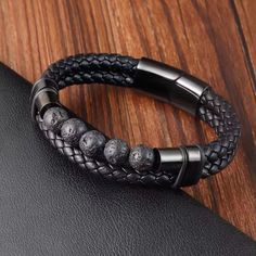 New Leather Beaded 8” Inch Length Nice Packaging Fast Shipping Men's Beaded Leather Bracelet Natural Stone Black Beads Multilayer Rope Stainless Steel Magnetic Clasp Wristband Male Jewelry Nice Packaging, Male Jewelry, Double Bracelet, Beaded Leather Bracelet, Mens Accessories Jewelry, Bracelet Black, Bead Leather, Nature Bracelets, Magnetic Clasp