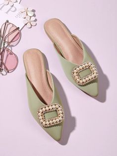 Studded Ballet Flats, Ankle Strap Chunky Heels, Floral Flats, Women Flats, Flat Mules, Rhinestone Decor, Chunky Heels Sandals, Unique Shoes