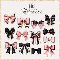 an assortment of pink, black and gold bows