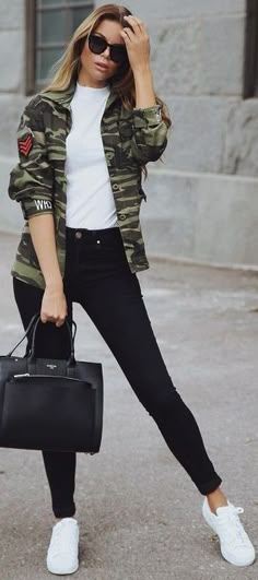 #fall #trending #outfits | Camo + Black and White Look Grunge, Spring Summer Fashion Trends, Trending Fashion Outfits, Camo Jacket, Winter Trends, Summer Fashion Trends