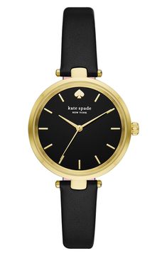 This sleek and minimalist leather-strap watch with streamlined indexes brings functionality to your casual attire. 28mm case; 12mm band width Buckle closure Quartz movement Mineral crystal face Stainless steel with goldtone plate/leather Imported Leather Strap Watch, In Full Bloom, Casual Attire, Gold Leather, Minerals Crystals, Quartz Movement, Black And Gold, Leather Watch, Womens Watches