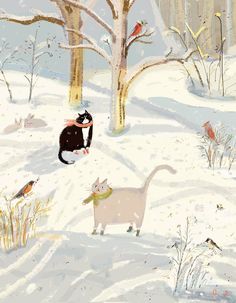 two cats are playing in the snow near some trees and birds on a snowy day