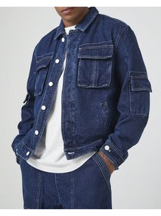 Crafted from non-stretch denim, this trucker jacket features a basic collar, button-front closures, chest and arm flap cargo pockets, front slanted pockets, and long dropped sleeves with buttoned cuffs.Denim Cargo Trucker Jacket Blue         Men Clothing, size features are:Bust: ,Length: ,Sleeve Length: Dark Wash Utility Jacket With Pockets For Fall, Long Sleeve Denim Jacket With Cargo Pockets, Denim Outerwear With Cargo Pockets And Long Sleeves, Denim Long Sleeve Outerwear With Cargo Pockets, Long Sleeve Denim Outerwear With Cargo Pockets, Denim Jacket With Multiple Pockets For Fall Streetwear, Fall Denim Jacket With Multiple Pockets For Streetwear, Fall Denim Jacket With Multiple Pockets And Long Sleeves, Fall Denim Jacket With Multiple Pockets