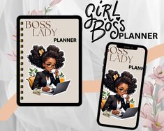 two cell phones with the cover of a book titled boss lady planner and an image of a woman in a tuxedo