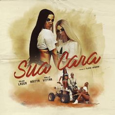 two women sitting on four wheelers in front of a watercolor background with the words sua cola