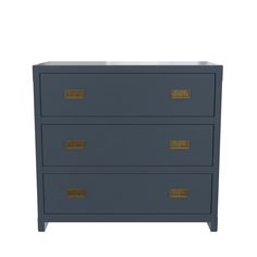 a blue chest of drawers with gold handles on the front and bottom, against a white background