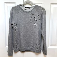 Nwot Never Worn Light Weight 100% Cotton Inside Material Terry Heather Gray Distressed Size Small Casual Distressed Crew Neck Sweater, Distressed Gray Tops For Fall, Ripped Relaxed Fit Crew Neck Tops, Relaxed Fit Ripped Crew Neck Tops, Casual Ripped Crew Neck Top, Distressed Sweatshirt, Girl Sweatshirts, Grey Shirt, Heather Gray