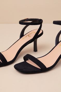 Stay comfortable and chic all through the day (and even into the evening) with the Lulus Ensley Black Suede Kitten Heel Ankle Strap Sandals! Soft faux suede shapes these eye-catching heels that feature a single sole silhouette, a square toe bed, and a slender toe strap. Matching straps sprout from the sides to wrap and secure around the ankle with a gold buckle, all atop a super cute kitten heel! 2. 75" Stiletto heel. Cushioned insole. Felted rubber sole has nonskid markings. Man made materials. Evening Suede Sandals With Padded Heel, Suede Open Heel Evening Shoes, Open Toe Suede Heels For Evening, Suede Open Toe Evening Heels, Evening Suede Open Toe Heels, Elegant Suede Sandals With Ankle Strap, Elegant Suede Ankle Strap Sandals, Suede Sandals With Block Heel For Night Out, Suede Block Heel Sandals For Night Out