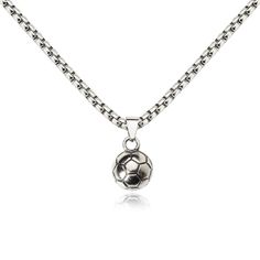 a soccer ball pendant on a chain with a silver plated necklace attached to it