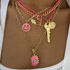 Gold Plated Neon Pink Enamel Smiley Face and CZ Hamsa Charm on Paperclip Chain Necklace Yellow Gold Filled Smile: 0.78" Diameter Hamsa: 0.56" Long X 0.44" Wide 16" Long Paperclip Chain Necklace, Hamsa Charm, Pink Enamel, Smiley Face, Paper Clip, Neon Pink, Smiley, Charm Necklace, Gold Filled