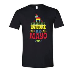 Celebrate Cinco de Mayo in style with this comfortable and colorful t-shirt. Featuring a colorful fiesta design and the message "Celebrate Cinco de Mayo", this shirt makes a great Cinco de Mayo raffle prize or gift. Wear this shirt to Cinco de Mayo celebrations to help elevate the celebratory feel of the event. © OTC

o Brand: Gildan
o Preshrunk jersey knit
o High stitch density for smoother printing surface
o Seamless double-needle 3/4" collar
o Taped neck and shoulders
o Tear away label and do Cinco De Mayo Screen Print Crew Neck T-shirt, Pre-shrunk Short Sleeve T-shirt For Cinco De Mayo, Cinco De Mayo Graphic Tee With Short Sleeves, Cinco De Mayo Graphic T-shirt, Cinco De Mayo Graphic Cotton T-shirt, Cotton Graphic Tee For Cinco De Mayo, Black Crew Neck T-shirt For Cinco De Mayo, Cinco De Mayo Graphic Print T-shirt, Cinco De Mayo Funny Print Crew Neck T-shirt