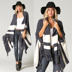 Color Block Tassel Cardigan Super Soft And Stretchy Poncho Like Cardigan Featuring Bold Stripe Detailings And Long Fringe Hemline. Fabric 100% Polyester Price Firm One Size Fringe Sweater For Fall, Fringe Shawl Cardigan For Fall, Fringe Shawl Outerwear For Fall, Winter Cape With Tassels, Oversized Fringe Cape For Fall, One Size Fringe Cardigan For Fall, Fall Fringe Cape Outerwear, Winter Shawl With Tassels, Fringe Cape Outerwear For Fall