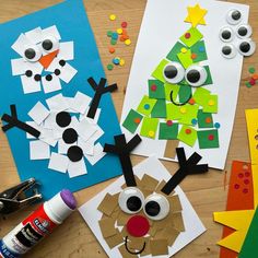 paper plate christmas tree and snowman craft for kids to make with construction paper on the table