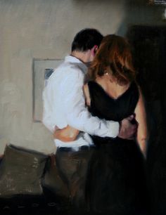 a painting of a man and woman hugging in front of a wall with a window behind them