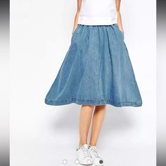 Waven Tall Tova Midi Denim Skirt New With Tags / Never Worn Size 4 Lightweight Denim Fitted Waistband High-Rise Waist Hip Pockets Zip Back Fastening Regular Fit - True To Size Machine Wash 100% Cotton Our Model Wears A Us 4 (Same As For Sale) And Is 180cm/5'11" Tall Exclusive To Asos Casual Non-stretch Denim Skirt For Spring, Spring Casual Non-stretch Denim Skirt, Summer Stretch Denim Skirt, Casual Knee-length Denim Skirt, Casual Knee-length Denim Skirt For Summer, Spring Medium Wash Knee-length Skirt, Spring Denim Knee-length Skirt, Denim Blue Knee-length Bottoms For Spring, Summer Denim Knee-length Skirt