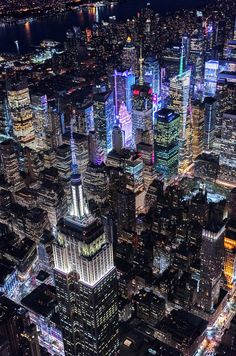 an aerial view of new york city at night