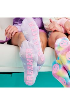 70% cotton, 15 % elastane 10% spandex, 5% nylon One size fits most (5-9) Nonslip tread Trendy Soft Socks For Stocking Stuffers, Playful Fitted Cotton Socks, Playful Non-slip Cotton Socks, Playful Multicolor Super Soft Socks, Casual Soft Multicolor Socks, Casual Multicolor Soft Socks, Playful Super Soft Multicolor Socks, Soft Fitted Cotton Socks, Multicolor Stretch Cotton Socks