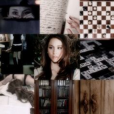 a collage of photos with books and chess pieces on them, including a woman's face