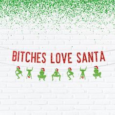 "This Listing is for ONE (1) \"Bitches Love Santa\" Banner We are home of the Original Twerk Party Decor! Our Twerk parties are perfect for bachelorette/bachelor parties, Birthday's, A Girl's night in and so much more! Visit our shop for more Twerk themed party decor! ~Size~ Letters are approximately 5 inches    ~Color~ Available in over 20 different colors. Text color shown is red glitter and the twerkers are in green glitter. If you would like different colors twerkers, please tell us in the \"notes to seller\" section at checkout. Otherwise we will send as is. The Santa hat will always be red and white. The banner will be glitter on the front side and white on the back. Please note that colors may vary slightly due to computer monitors displaying colors differently. ~Assembly~ The banne Bachelorette Sleepover, Funny Christmas Decor, Bachelorette Bachelor Party, Bachelor Parties, Christmas Party Themes, Green Diy, Cake Banner Topper, Yellow Glitter, Red Foil