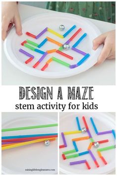 a kid is making a maze made out of colored sticks and magnets on a paper plate