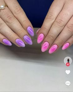 One Hand Pink And One Hand Purple Nails, Purple Gel Nails Ideas French Tips, Pink And Purple Nail Ideas, 2 Different Color Nails, Aurora Nails Design, Pink And Purple Nails Designs, Aura Nails Purple, Orange And Purple Nails, Speak Now Nails