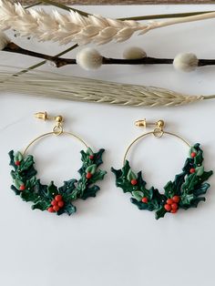 holly wreath hoop earrings with red berries