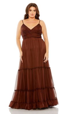 Chocolate brown long a-line plus size formal dress with empire waist and v-neckline. Ruched Gown, Layered Gown, Attractive Dresses, Plus Size Prom, Plus Size Formal, Plus Size Formal Dresses, Dress Guide, Floor Length Skirt, Pleated Bodice