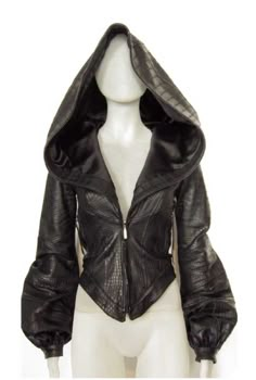 a mannequin wearing a black leather jacket with hoodie on it's head