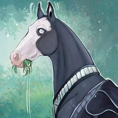 a horse wearing a black jacket with a flower in it's mouth and grass in its mouth