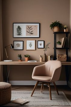 a desk with a chair, potted plants and pictures on the wall above it