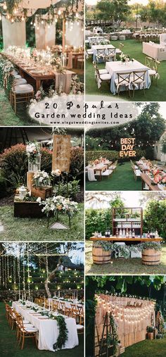 an outdoor garden wedding with tables and chairs