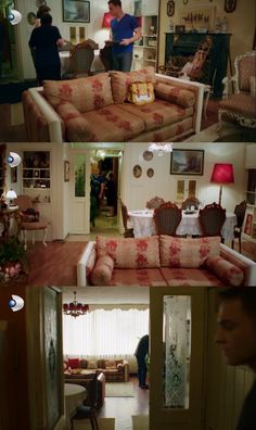 two pictures of the inside of a house with people standing in and sitting on couches