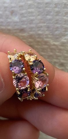 Elegant gold earrings with beautiful pink and purple stone work perfect to wear on all occasions Elegant Gold Earrings, Multicolor Earrings, Small Hoop Earrings, Color Stones, Jewelry Birthday, Cubic Zirconia Earrings, Birthday Jewelry Gift, Purple Stones, Stone Work