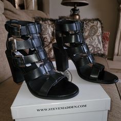 4inch Heel Approximately Size 8 Black Ankle-high Sandals With Reinforced Heel, Black Ankle-high Sandals With Padded Heel, Black Ankle-high Sandals With Buckle Closure, Black Open Toe Sandals For Fall, Black Sandals With Buckle Closure For Fall, Black Buckle Closure Sandals For Fall, Black Sandals With Stacked Heel For Fall, Steve Madden Black Heels, Steve Madden High Heels