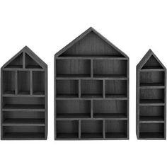 three wooden shelves with open and closed doors on each side, one in black wood