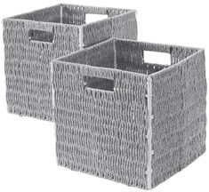 two gray baskets sitting next to each other