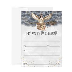 a card with an image of a bird on top of books and the words fly on by