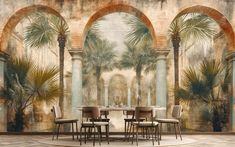 a dining room with palm trees and arches