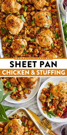 A Thanksgiving side dish idea and Thanksgiving entree in one! Everyone will love these chicken thighs baked with bread stuffing. This Sheet Pan Chicken and Stuffing
 is also great as a Christmas dinner recipe! Sheet Pan Chicken And Stuffing, Classic Casseroles, Chicken And Stuffing, Sheet Pan Suppers, Sheet Pan Chicken, Pan Dinners, Baked Chicken Thighs, Pan Meals, Pan Chicken