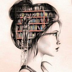 a drawing of a woman's head with bookshelves in the shape of a ladder