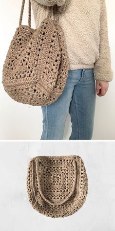 a woman is holding a crocheted purse in her right hand and the other side has