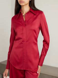 ANOTHER TOMORROW Satin-crepe shirt | NET-A-PORTER Sleek Fitted Blouse With Spread Collar, Fitted Silk Shirt, Sleek Style, Fitted Silk Shirt For Workwear, Designer Fitted Red Shirt, Designer Red Fitted Shirt, Semi-formal Fitted Satin Tops, Sleek Fitted Satin Shirt, Fitted Satin Tops For Semi-formal Occasions, Sleek Fitted Tops With Concealed Placket