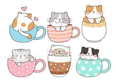 cute cats in coffee mugs with hearts on the top and one cat sitting inside