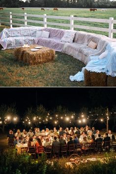 an outdoor event with hay bales, lights and people sitting at tables in the grass