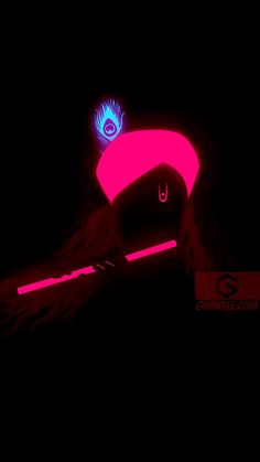 a neon pink hat with blue eyes and feathers on it, lit up in the dark