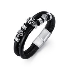 PRICES MAY VARY. 【Men's Skull Bracelet】: ​This men's skull leather bracelet blends elements of modern fashion and cool for a stylish and unique accessory. The double rows of stainless steel skulls on the bracelets display a personal, rebellious style that adds a sense of mystery to the wearer. Whether it's for everyday wear or a party event, a men's skull leather bracelet can show off your unique taste and personal charm. 【Premium Metal】: The skull and clasp on the men's bracelet are made of hig